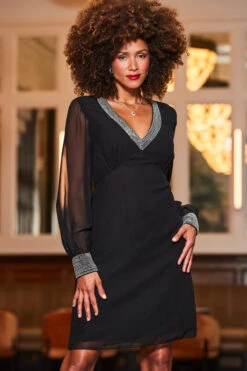 Black Embellished Trim Sheer Sleeve Shift Dress