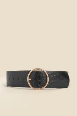 Black Croc Leather Belt With Round Buckle