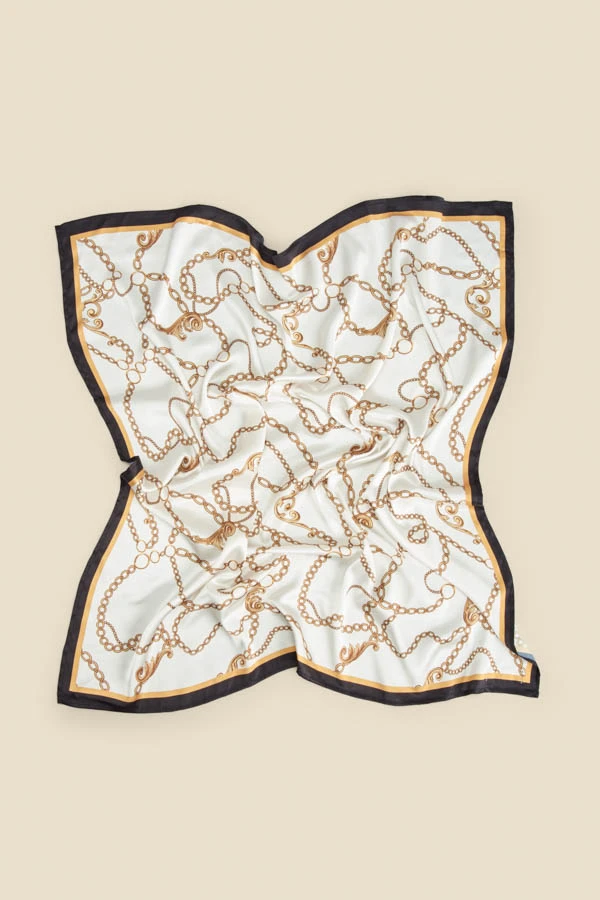 White Chain Print Satin Scarf With Border 4 White Chain Print Satin Scarf With Border - Image 2