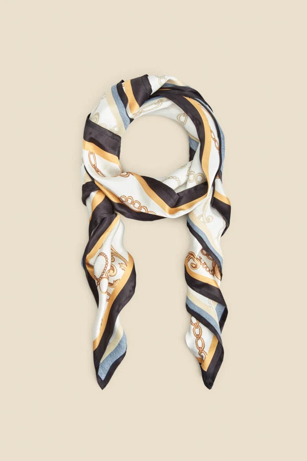 White Chain Print Satin Scarf With Border 3 White Chain Print Satin Scarf With Border