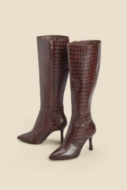 Chocolate Brown Croc Leather Knee High Boot -Sosandar Fashion Store web 2310 box a23fw019pt0004 c