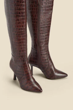 Chocolate Brown Croc Leather Knee High Boot -Sosandar Fashion Store web 2310 box a23fw019pt0004 d