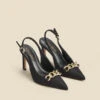Ariana Black Boucle Chain Detail Slingback Court Shoe -Sosandar Fashion Store web 2310 box a23fw057bk0001 b