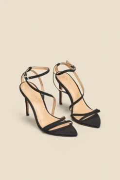 Black Suede Multi Strap Pointed Toe Stiletto Heel Sandals -Sosandar Fashion Store web 2310 box a23fw064bk0001 b
