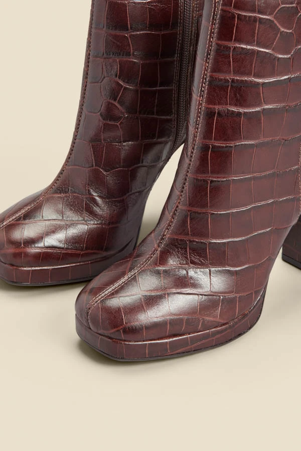 Chocolate Croc Leather Block Heel Platform Ankle Boot 6 Chocolate Croc Leather Block Heel Platform Ankle Boot - Image 4