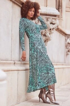 Green Zebra Print Pleated Wrap Front Dress