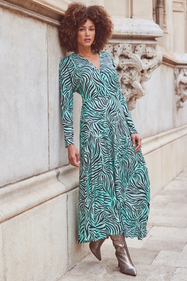 Green Zebra Print Pleated Wrap Front Dress 4 Green Zebra Print Pleated Wrap Front Dress - Image 2
