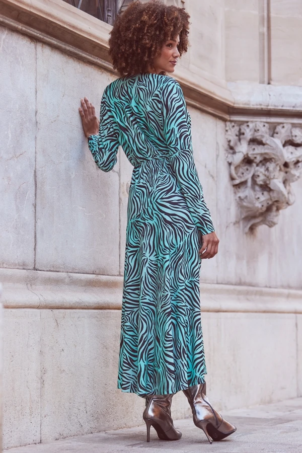 Green Zebra Print Pleated Wrap Front Dress 5 Green Zebra Print Pleated Wrap Front Dress - Image 3