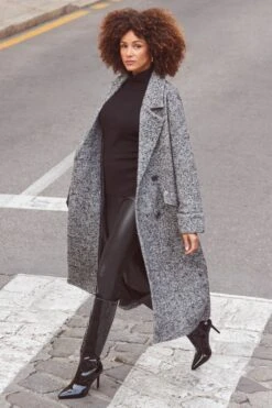 Grey & Black Herringbone Wool Mix Longline Coat -Sosandar Fashion Store web 2311 09 s24ow005bkgy01 09 127
