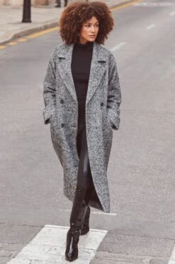 Grey & Black Herringbone Wool Mix Longline Coat -Sosandar Fashion Store web 2311 09 s24ow005bkgy01 09 164