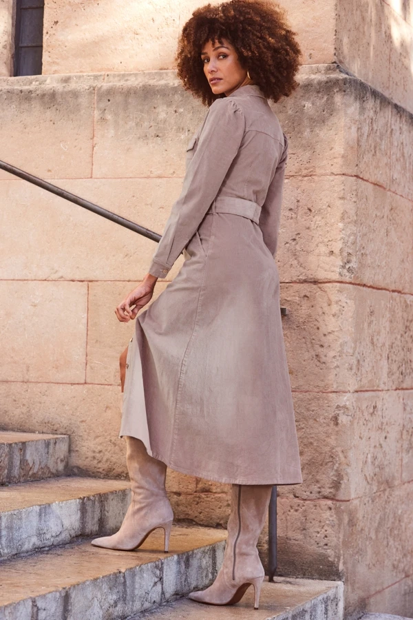 Taupe Corduroy Belted Midi Shirt Dress With Pocket Detail 5 Taupe Corduroy Belted Midi Shirt Dress With Pocket Detail - Image 3