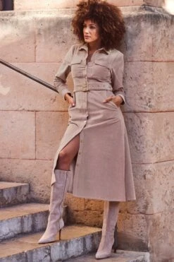 Taupe Corduroy Belted Midi Shirt Dress With Pocket Detail