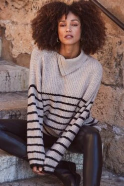 Taupe & Black Stripe Zip Neck Jumper