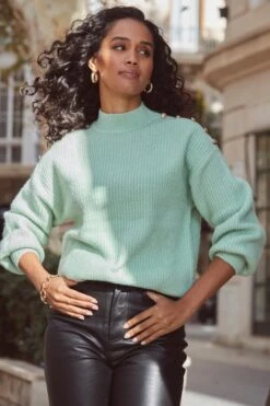 Sage Green Button Shoulder Detail Jumper 14 Sage Green Button Shoulder Detail Jumper -Sosandar Fashion Store web 2311 45 a23tk255gn0005 s22bp003bk0001 45 031