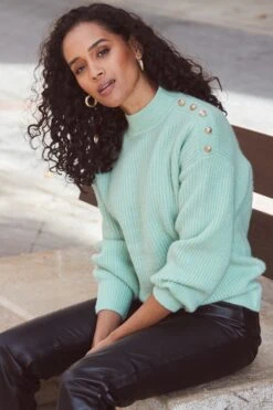 Sage Green Button Shoulder Detail Jumper 16 Sage Green Button Shoulder Detail Jumper -Sosandar Fashion Store web 2311 45 a23tk255gn0005 s22bp003bk0001 45 119