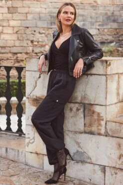 Black Parachute Pants With Drawcord Detail