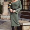 Khaki Green Asymmetric Neckline Rib Knit Dress 1 Khaki Green Asymmetric Neckline Rib Knit Dress -Sosandar Fashion Store web 2311 58 s24dk460gn0002 58 027 1