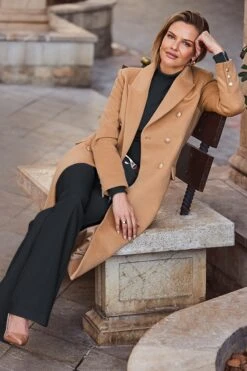 Camel Double Breasted Longline Coat With Gold Button Detail