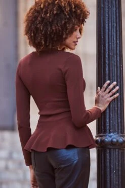 Chocolate Brown Peplum Hem Fine Knit Top -Sosandar Fashion Store web 2311 7 s24tk700pt0004 7 085 rt