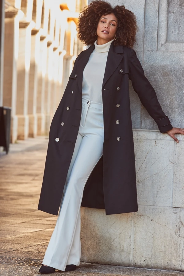 Black Longline Trench Coat With Faux Leather Trim 3 Black Longline Trench Coat With Faux Leather Trim