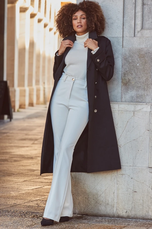 Black Longline Trench Coat With Faux Leather Trim 4 Black Longline Trench Coat With Faux Leather Trim - Image 2