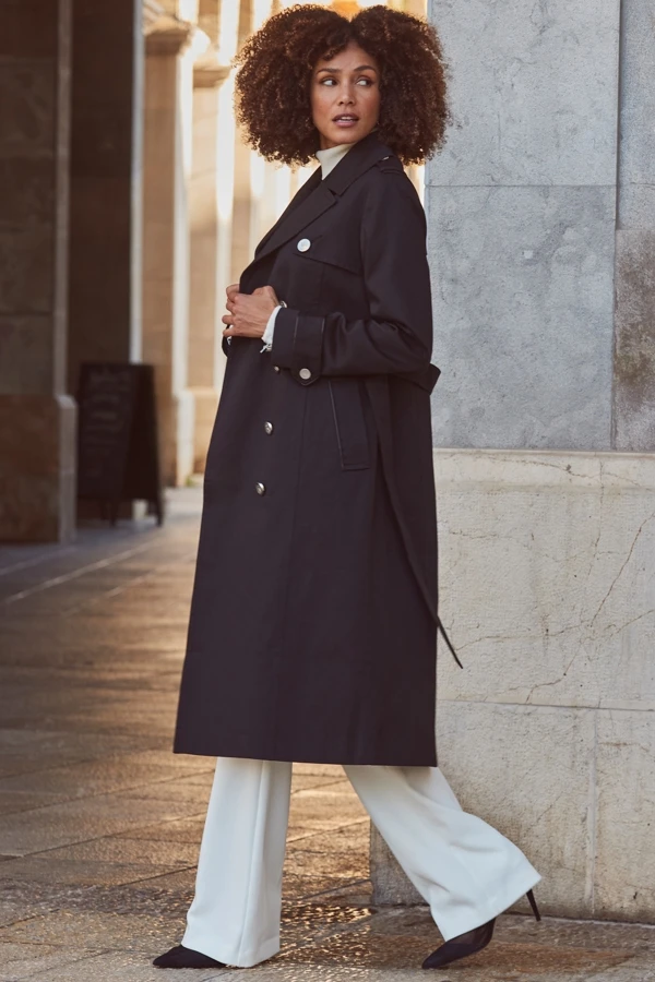 Black Longline Trench Coat With Faux Leather Trim 5 Black Longline Trench Coat With Faux Leather Trim - Image 3