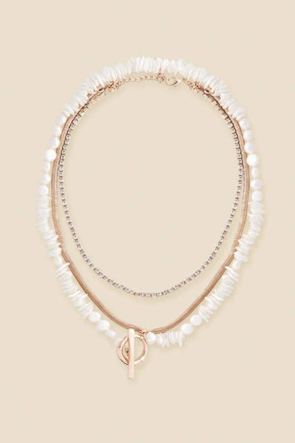 Gold Triple Layer Diamante & Pearl Toggle Detail Necklace 3 Gold Triple Layer Diamante & Pearl Toggle Detail Necklace