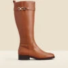 Tan Leather Flat Knee High Boot With Metal Trim -Sosandar Fashion Store web 2311 box a23fw025bn0004 a