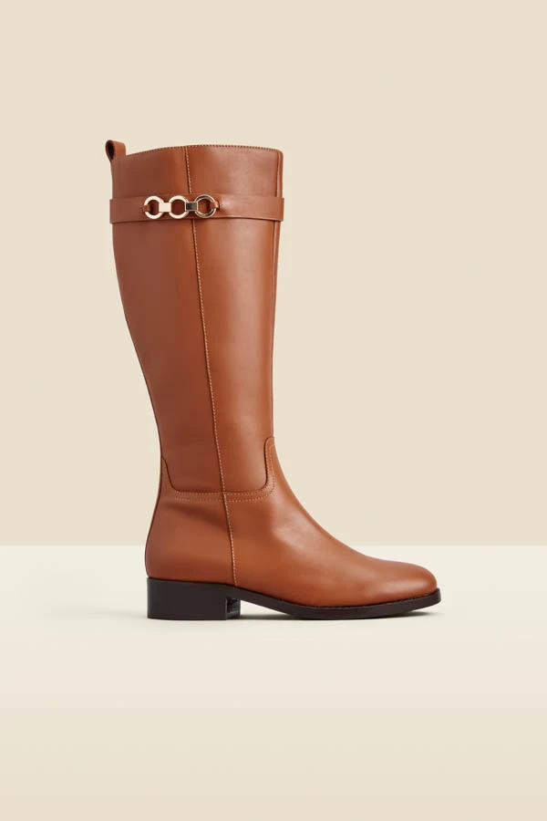 Tan Leather Flat Knee High Boot With Metal Trim 3 Tan Leather Flat Knee High Boot With Metal Trim