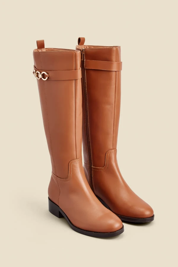 Tan Leather Flat Knee High Boot With Metal Trim 4 Tan Leather Flat Knee High Boot With Metal Trim - Image 2