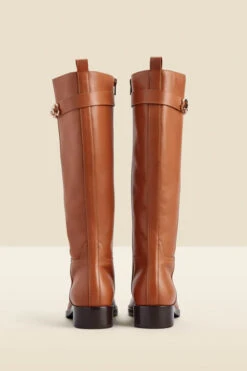 Tan Leather Flat Knee High Boot With Metal Trim 7 Tan Leather Flat Knee High Boot With Metal Trim -Sosandar Fashion Store web 2311 box a23fw025bn0004 c