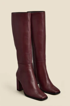 Burgundy Leather Square Toe Block Heel Knee High Boot