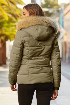 Khaki Green Faux Fur Trim Luxe Padded Coat With Silver Zip Pockets 13 Khaki Green Faux Fur Trim Luxe Padded Coat With Silver Zip Pockets -Sosandar Fashion Store web 23 s20ow012we 145 khaki rt