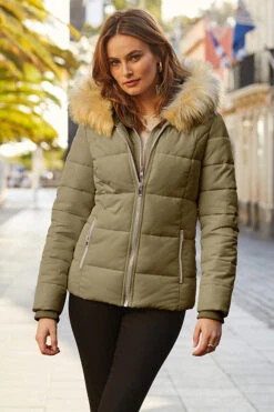 Khaki Green Faux Fur Trim Luxe Padded Coat With Silver Zip Pockets 16 Khaki Green Faux Fur Trim Luxe Padded Coat With Silver Zip Pockets -Sosandar Fashion Store web 23 s20ow012we 153 khaki rt
