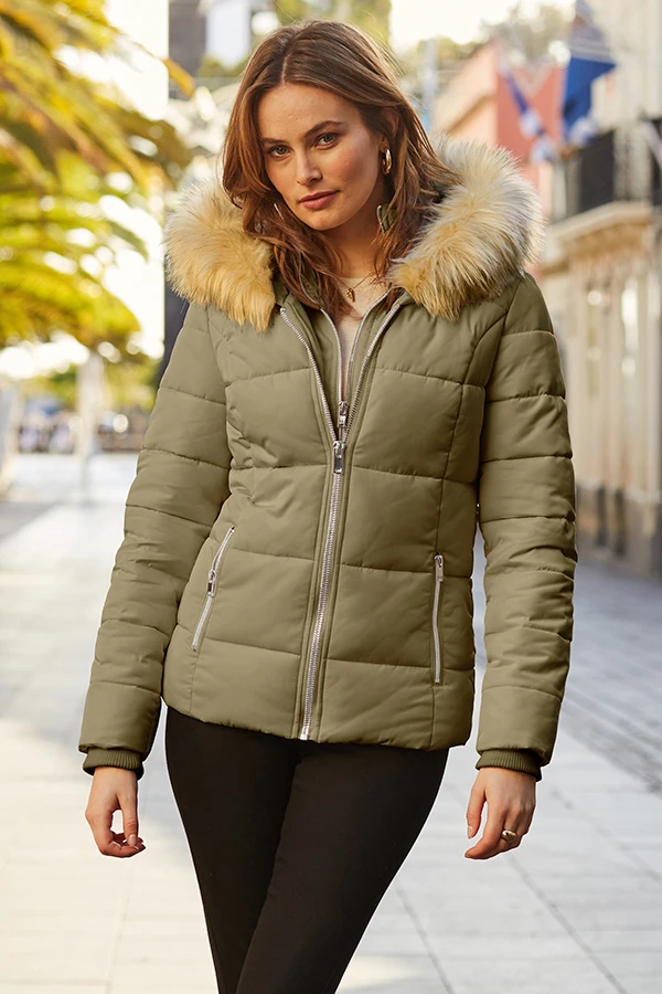 Khaki Green Faux Fur Trim Luxe Padded Coat With Silver Zip Pockets 9 Khaki Green Faux Fur Trim Luxe Padded Coat With Silver Zip Pockets - Image 7