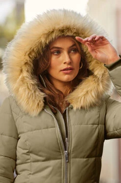 Khaki Green Faux Fur Trim Luxe Padded Coat With Silver Zip Pockets 14 Khaki Green Faux Fur Trim Luxe Padded Coat With Silver Zip Pockets -Sosandar Fashion Store web 23 s20ow012we 163 khaki rt
