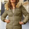 Khaki Green Faux Fur Trim Luxe Padded Coat With Silver Zip Pockets