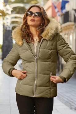Khaki Green Faux Fur Trim Luxe Padded Coat With Silver Zip Pockets