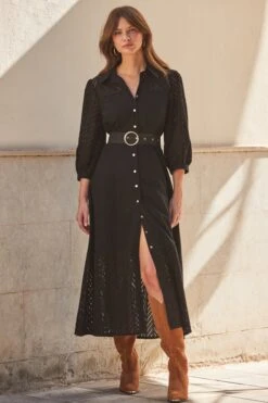 Black Broderie Detail Midi Shirt Dress