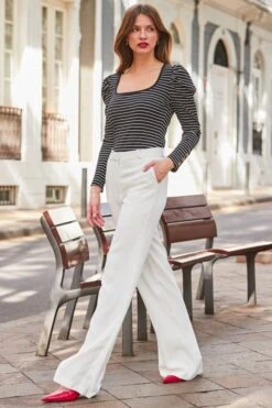 Black & White Stripe Print Rib Long Sleeve Jersey Top -Sosandar Fashion Store web 2401 100 s24tj006bkwe01 100 051