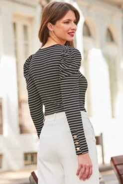Black & White Stripe Print Rib Long Sleeve Jersey Top -Sosandar Fashion Store web 2401 100 s24tj006bkwe01 100 152