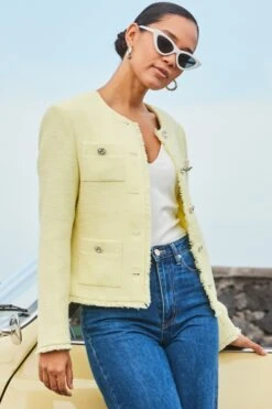 Yellow Boucle Jacket With Embellished Buttons -Sosandar Fashion Store web 2401 110 s24ow044lg0001 110 113