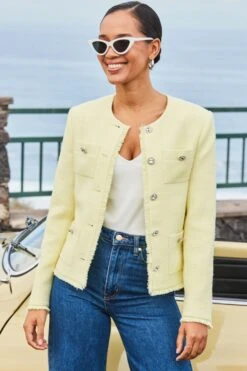 Yellow Boucle Jacket With Embellished Buttons -Sosandar Fashion Store web 2401 110 s24ow044lg0001 110 125