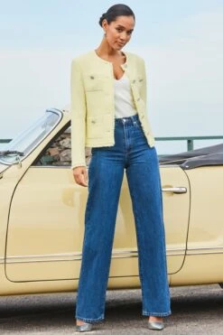 Yellow Boucle Jacket With Embellished Buttons -Sosandar Fashion Store web 2401 110 s24ow044lg0001 110 170