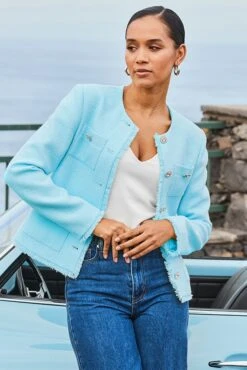 Aqua Blue Boucle Jacket With Embellished Buttons -Sosandar Fashion Store web 2401 110 s25ow002be0007 110 221 rc