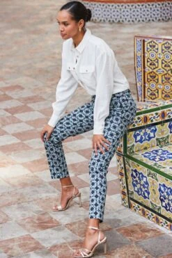 Blue Geometric Print Tapered Leg Trousers 8 Blue Geometric Print Tapered Leg Trousers -Sosandar Fashion Store web 2401 111 s24bw005blge01 111 105 rt