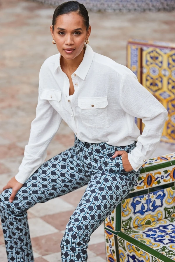 Blue Geometric Print Tapered Leg Trousers 6 Blue Geometric Print Tapered Leg Trousers - Image 4