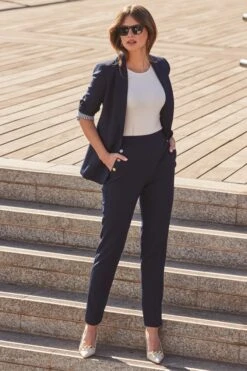 Navy Blue Side Button Tapered Leg Trousers -Sosandar Fashion Store web 2401 27 s24bw003be0003 s24ow060be0003 27 136