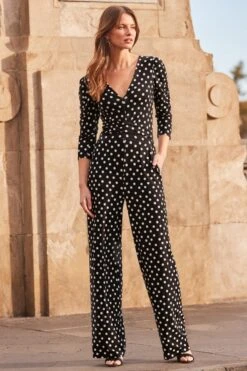Black & White Spot Print Wrap Wide Leg Jumpsuit