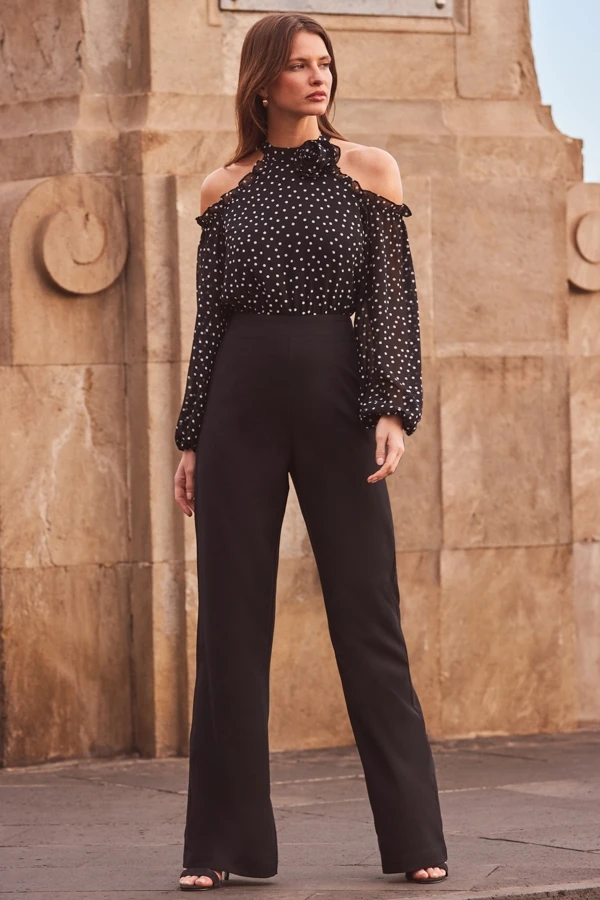 Black Spot Print Corsage Detail Cold Shoulder Two Part Jumpsuit 4 Black Spot Print Corsage Detail Cold Shoulder Two Part Jumpsuit - Image 2